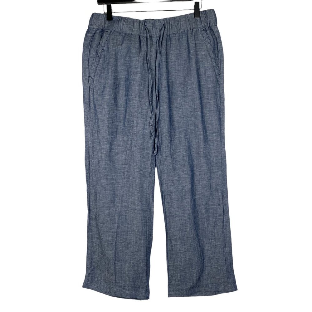 Blue Ann Taylor Slouchy Wide Leg Drawstring Linen Blend Chambray Pants Size 6